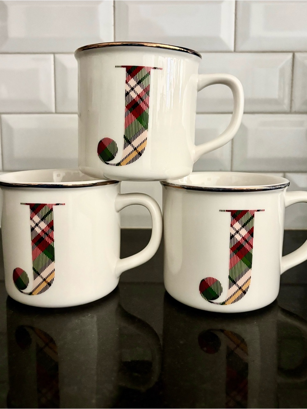 Pottery Barn Monogram J Plaid Ceramic Mug SET of 3 in Perfect Condition!